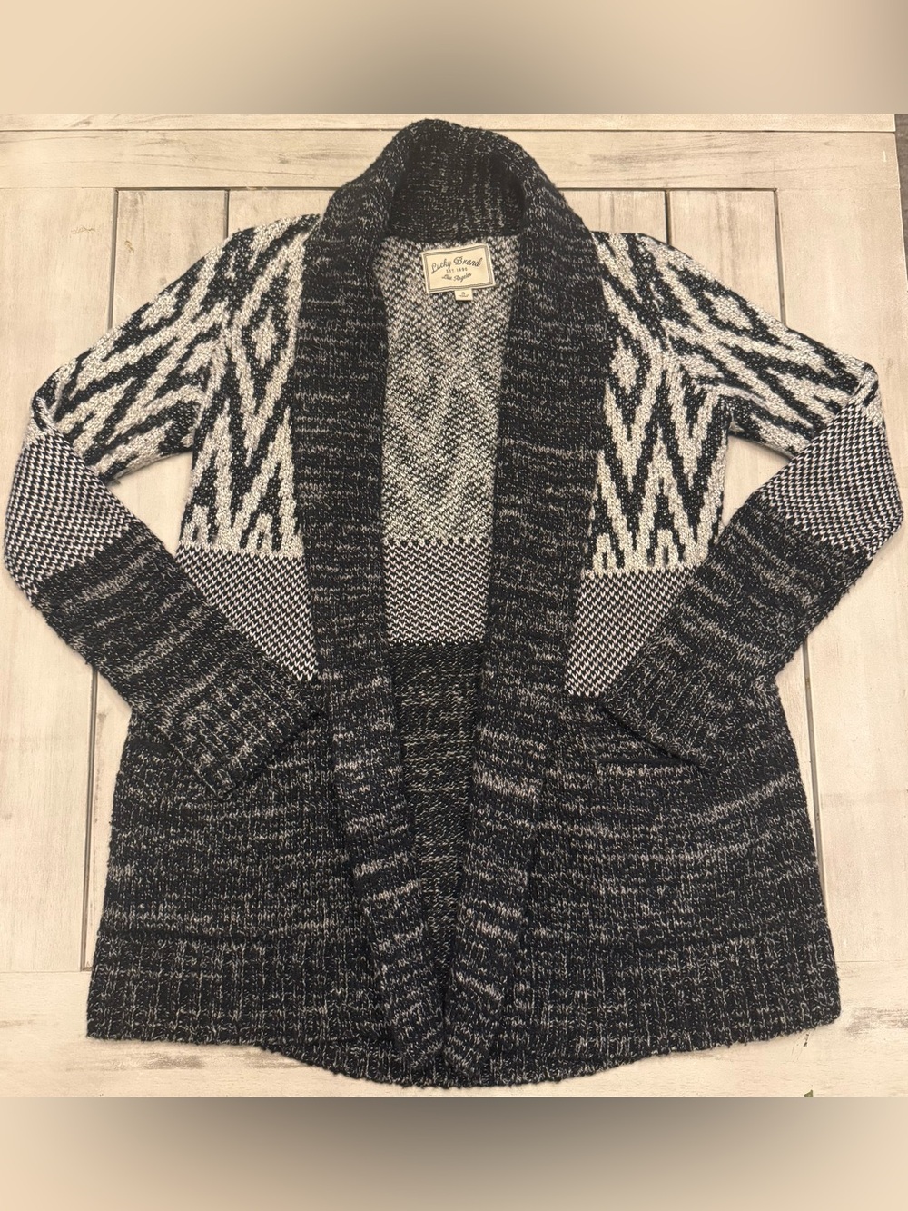 Lucky Brand Wool Blend Geometric Aztec Cardigan Sweater Knit Black White S Boho